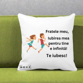 Cadou pentru Frate - Perna Personalizata Fratele Meu Te Iubesc Copii Alergand Colorat, 40x40 cm, Alba Mata, Husa Detasabila, Perna Inclusa, BEKZ®
