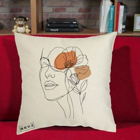 Perna Decorativa Portret Feminin Mac Profilat, 40x40 cm, Ecru, Husa Detasabila, Perna Inclusa, BEKZ®