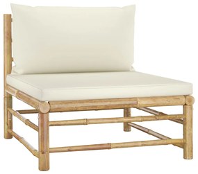 313142 vidaXL Set mobilier de grădină, cu perne alb crem, 3 piese, bambus