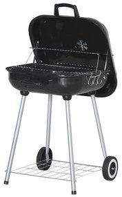 Outsunny Barbecue cu cărbune BBQ cu 2 roți, ustensile, capac și raft dim. 56L x 62l x 82H cm, metal emailat negru | Aosom Romania