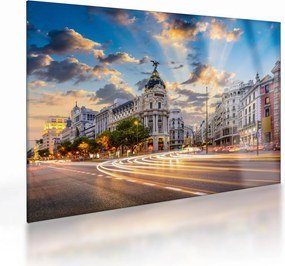 Tablou pe sticlă - Calle Gran Vía, Madrid, Spania (70x50 cm)