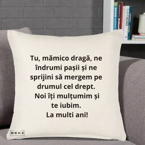 Cadou pentru Mama - Perna Personalizata Mamico Draga Te Iubim La Multi Ani cu Text Negru, 40x40 cm, Crem Reliefat, Husa Detasabila, Perna Inclusa, BEKZ®