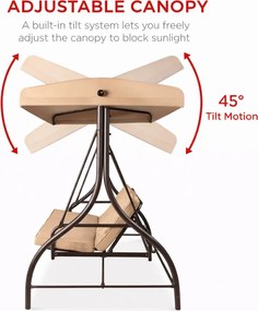 Leagan de grădină, șezlong tip pat, 3 locuri, copertina reglabila, cadru otel, 194x120x173 cm, Bej Tan