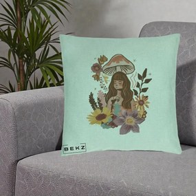 Perna Decorativa Fata Ciuperca Boho Florala, 40x40 cm, Verde Menta, Husa Detasabila, Perna Inclusa, BEKZ®