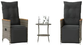 vidaXL Set bistro de grădină cu perne, 3 piese, gri, poliratan