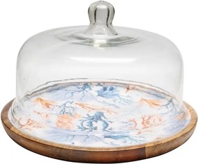 Tava pentru prajituri, din lemn de mango, cu capac din sticla, D30cm, Coral
