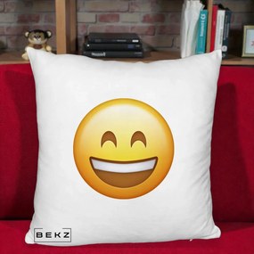 Perna Decorativa Emoji Zambet Mare, 40x40 cm, Alb Pufos, Husa Detasabila, Perna Inclusa, BEKZ®