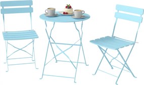 Outsunny Set bistro de grădină pliabil 3 piese, masă bistro cu 2 scaune, șezut cu lamele, picioare duble în X, albastru deschis | Aosom Romania