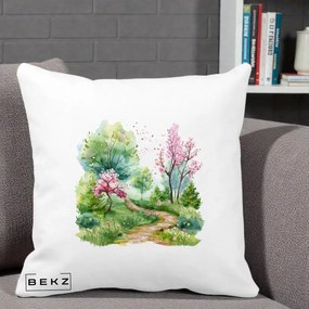 Perna Decorativa Gradina Primavara Acuarela, 40x40 cm, Alba Mata, Husa Detasabila, Perna Inclusa, BEKZ®