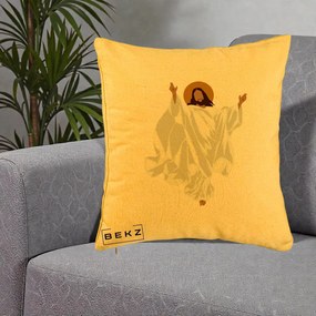 Perna Decorativa Iisus Hristos Invierea Silueta Minimalista, 40x40 cm, Galben, Husa Detasabila, Perna Inclusa, BEKZ®
