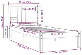 Cadru de pat Single 3FT, gri, 90x190 cm, lemn masiv Gri, 90 x 190 cm