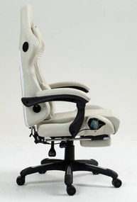 RESIGILAT- Scaun gaming, Masaj in 7 puncte, Boxe Bluetooth, funcție șezlong, 90-155 grade, suport picioare, PU, Alb Crem