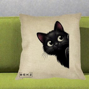 Perna Decorativa Pisica Neagra Dragalasa Curioasa, 40x40 cm, Crem, Husa Detasabila, Perna Inclusa, BEKZ®