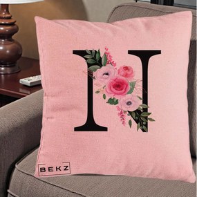 Cadou Personalizat - Perna Personalizata Monograma Florala Litera N, 40x40 cm, Roz, Husa Detasabila, Perna Inclusa, BEKZ®