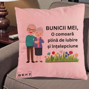 Cadou pentru Bunici - Perna Personalizata Bunicii Mei Comoara Cuplu Senior cu Flori Colorat, 40x40 cm, Roz, Husa Detasabila, Perna Inclusa, BEKZ®