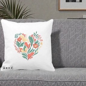 Perna Decorativa Inima Florala Botanica, 40x40 cm, Alba Mata, Husa Detasabila, Perna Inclusa, BEKZ®