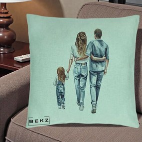 Cadou pentru Familie - Perna Personalizata Familie Acuarela Jeans, 40x40 cm, Verde Menta, Husa Detasabila, Perna Inclusa, BEKZ®