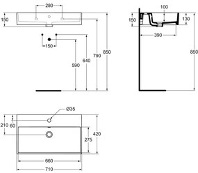 Lavoar pe blat alb 71 cm, dreptunghiular, orificiu baterie, Ideal Standard Strada 710x420 mm