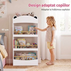 AIYAPLAY Bibliotecă Montessori pentru Copii 3-8 Ani, Ursuleț, cu 4 Polițe din Lemn, 50x15x97 cm, Alb | Aosom Romania
