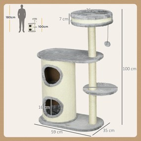PawHut Copac de Zgariat pentru Pisici, Stalpi din Sfoara de Sisal, Plus Moale, Design Multifunctional, Jucarie cu Minge, Gri, 59x35x100 cm | Aosom Romania