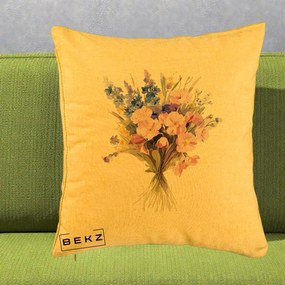 Perna Decorativa Buchet Floral Acuarela Primavara, 40x40 cm, Galben, Husa Detasabila, Perna Inclusa, BEKZ®