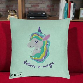 Perna Decorativa Unicorn Believe in Magic, 40x40 cm, Verde Menta, Husa Detasabila, Perna Inclusa, BEKZ®