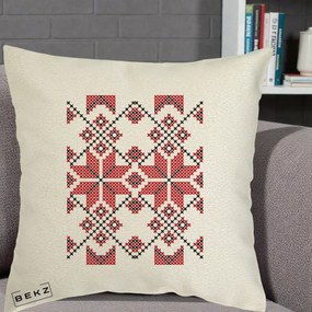 Perna Personalizata Motiv Traditional Cusatura Rosu-Negru, 40x40 cm, Ecru, Husa Detasabila, Perna Inclusa, BEKZ®