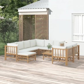 3155192 vidaXL Set mobilier de grădină, cu perne alb crem, 10 piese, bambus