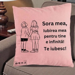 Cadou pentru Sora - Perna Personalizata Sora Mea Te Iubesc Copii Tinand Maini Line Art, 40x40 cm, Roz, Husa Detasabila, Perna Inclusa, BEKZ®