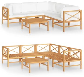 Set mobilier gradina cu perne crem, 6 piese, lemn masiv de tec Crem, 3x colt + 2x mijloc + masa, 1
