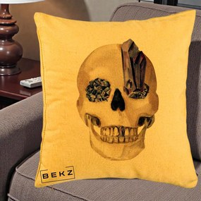 Perna Decorativa Craniu cu Cristale de Ametist, 40x40 cm, Galben, Husa Detasabila, Perna Inclusa, BEKZ®