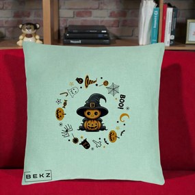 Perna Decorativa Halloween Dovleac Vrajitor Boo cu Simboluri, 40x40 cm, Verde Menta, Husa Detasabila, Perna Inclusa, BEKZ®