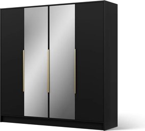 Dulap Lunara cu uși batante – 4 uși – 200x51x200 cm – cu oglindă – Negru – Varianta 2