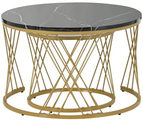 Set de Măsuțe de Cafea Moderne cu Îmbinare, Măsuțe cu Finisaj Efect de Marmură și Structură Metalică Aurie, 70x70x45 cm și 45x45x40 cm, Negru