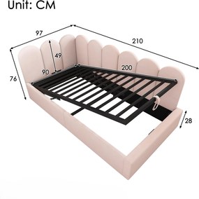Pat de zi tapițat cu spațiu de depozitare hidraulic, tapițerie din catifea și somieră cu lamele metalice, fără saltea, 90x200 cm, Roz