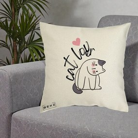 Perna Personalizata Cat Lover Pisica Ilustratie Linie, 40x40 cm, Ecru, Husa Detasabila, Perna Inclusa, BEKZ®