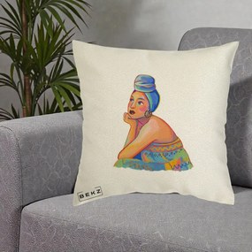 Perna Decorativa Portret Femeie Contemplativa, 40x40 cm, Ecru, Husa Detasabila, Perna Inclusa, BEKZ®