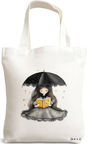 Sacosa de Panza pentru Cumparaturi, Geanta Tote, model The bookie girl 3 38 x 34.5 cm, Alba, BEKZ®