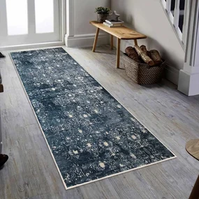 Covor antiderapant Berenice, dreptunghiular, 80x200 cm, oriental, bleumarin, alb, 60% bumbac