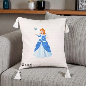 Perna Personalizata Printesa Albastra cu Pasare, 40x40 cm, Bej cu Franjuri, Husa Detasabila, Perna Inclusa, BEKZ®