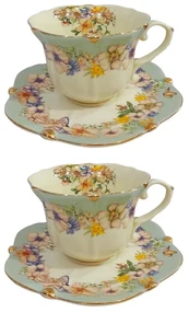 Serviciu Portelan Vintage 2 Cesti si farfurii, Green Bouquet