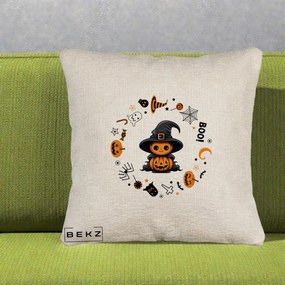 Perna Decorativa Halloween Dovleac Vrajitor Boo cu Simboluri, 40x40 cm, Bej Canapea, Husa Detasabila, Perna Inclusa, BEKZ®