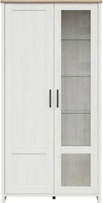 Vitrina LOKSA, pin alb/stejar grandson, PAL laminat, cu iluminare LED,