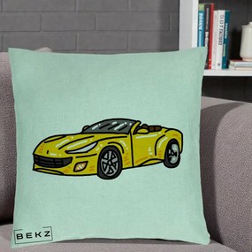 Perna Personalizata Masina Cabriolet Galbena Grafic, 40x40 cm, Verde Menta, Husa Detasabila, Perna Inclusa, BEKZ®
