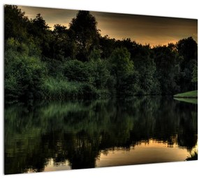 Tablou pe sticlă cu lac în pădure (70x50 cm)