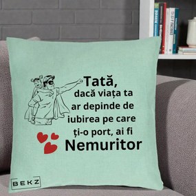 Cadou pentru Tata - Perna Personalizata Tata Nemuritor Supererou cu Masca, 40x40 cm, Verde Menta, Husa Detasabila, Perna Inclusa, BEKZ®