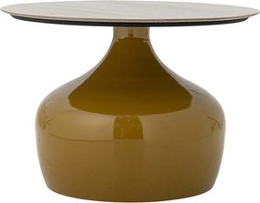 Măsuță de cafea rotundă din metal, galben, blat ceramic, bază sculpturală, finisaj lucios, 41 x 60 cm, „Lecco”