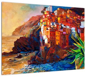 Tablou pe sticlă - Satul de coastă Cinque Terre, Riviera italiană, impresionismul modern (70x50 cm)