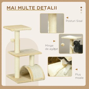 PawHut Ansamblu pentru Pisici cu 3 Nivele și Covor pentru Zgâriat în Formă de Arc, 40x35x72 cm, Alb Crem | Aosom Romania