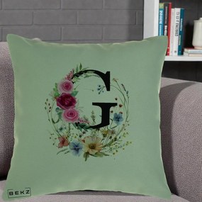 Cadou Personalizat - Perna Personalizata Monogram Litera G cu Flori Acuarela, 40x40 cm, Verde, Husa Detasabila, Perna Inclusa, BEKZ®
